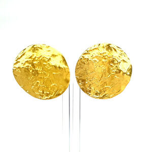 Vintage KJL Kenneth Jay Lane Gold Crinkled Textured Clip On Earrings Circle Disk